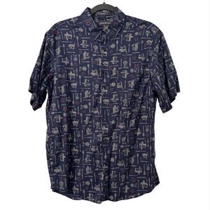 Eddie Bauer Cookout BBQ Grill Camp Shirt‎ Medium Blue 4th Of July Novelty